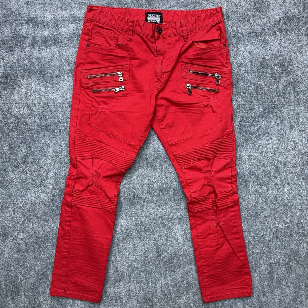 Smoke Rise Moto Slim Tapered Jeans Men's size 36 36x30 Red Faux Zippers distress
